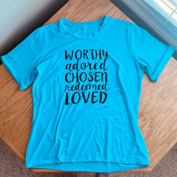 Light Blue T-Shirt “WORTHY adored CHOSEN redeemed LOVED” - Size Large - Picture 2 of 3